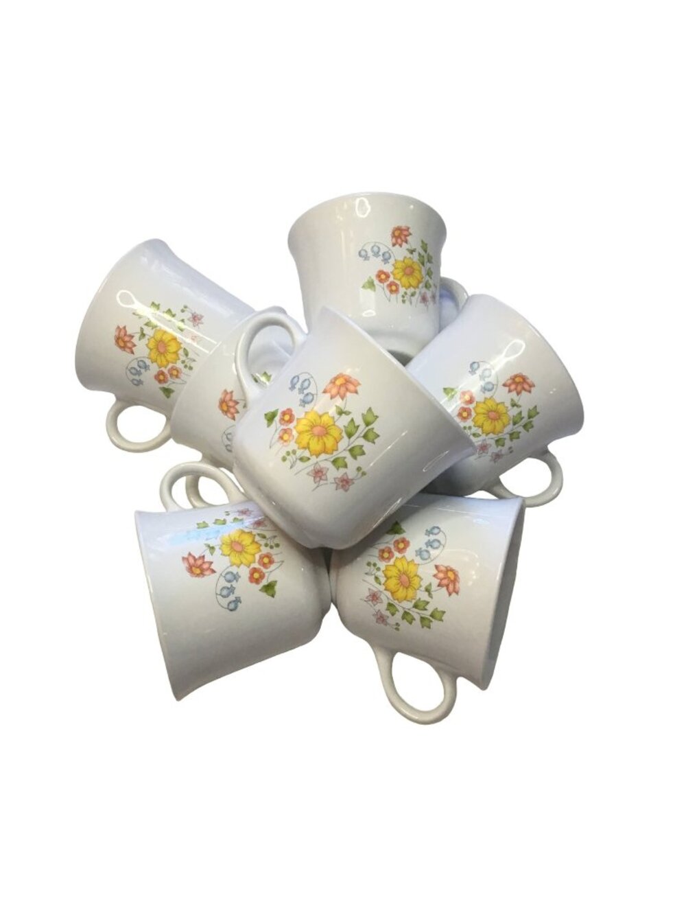 Set Of 7 Vintage Floral Coffee Mugs 8 oz White Ceramic Yellow & Orange Daisy